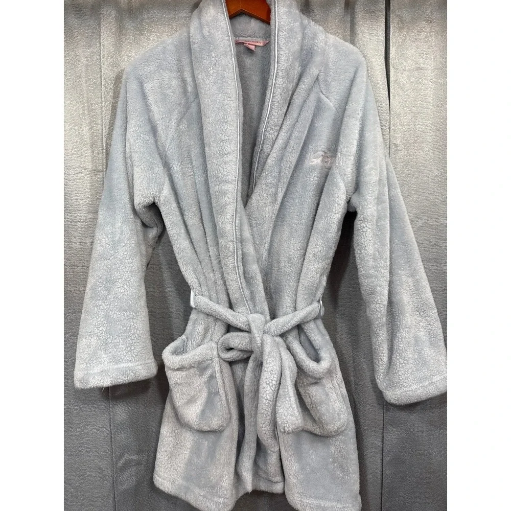 Victorias Secret Light Blue Plush Fleece‎ Short Robe Love Embroidered ML